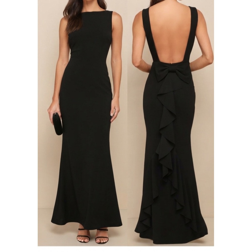 Lulus Exquisite Refinement Black Backless Bow Ruffled Maxi Dress Size Small